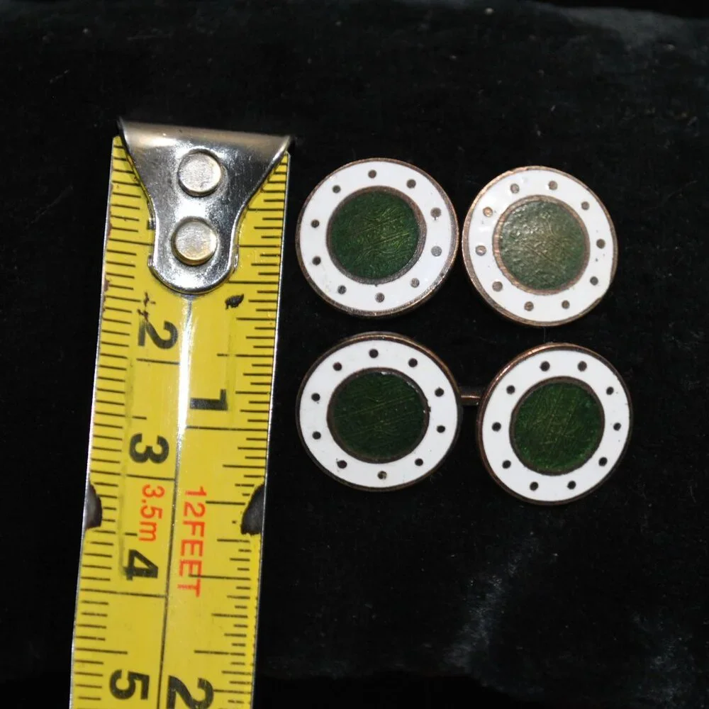 Antique Round White & Green Guilloche Enamel 